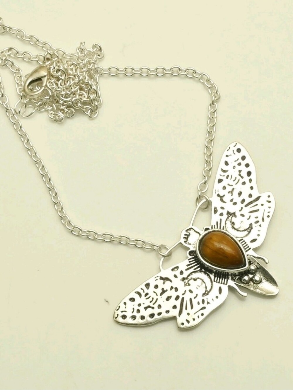 Nww Tiger Eye Luna Moth 925 Silver Necklace.